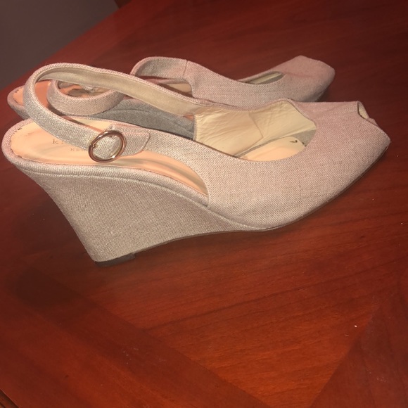Prwnd KATE SPADE Women's Beige Linen Open Toe10 Wedge Sandals Sz10 - Picture 7 of 9